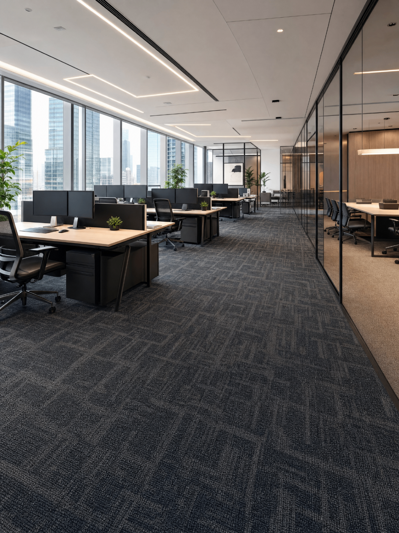 Professional commercial cleaning team cleaning a modern office