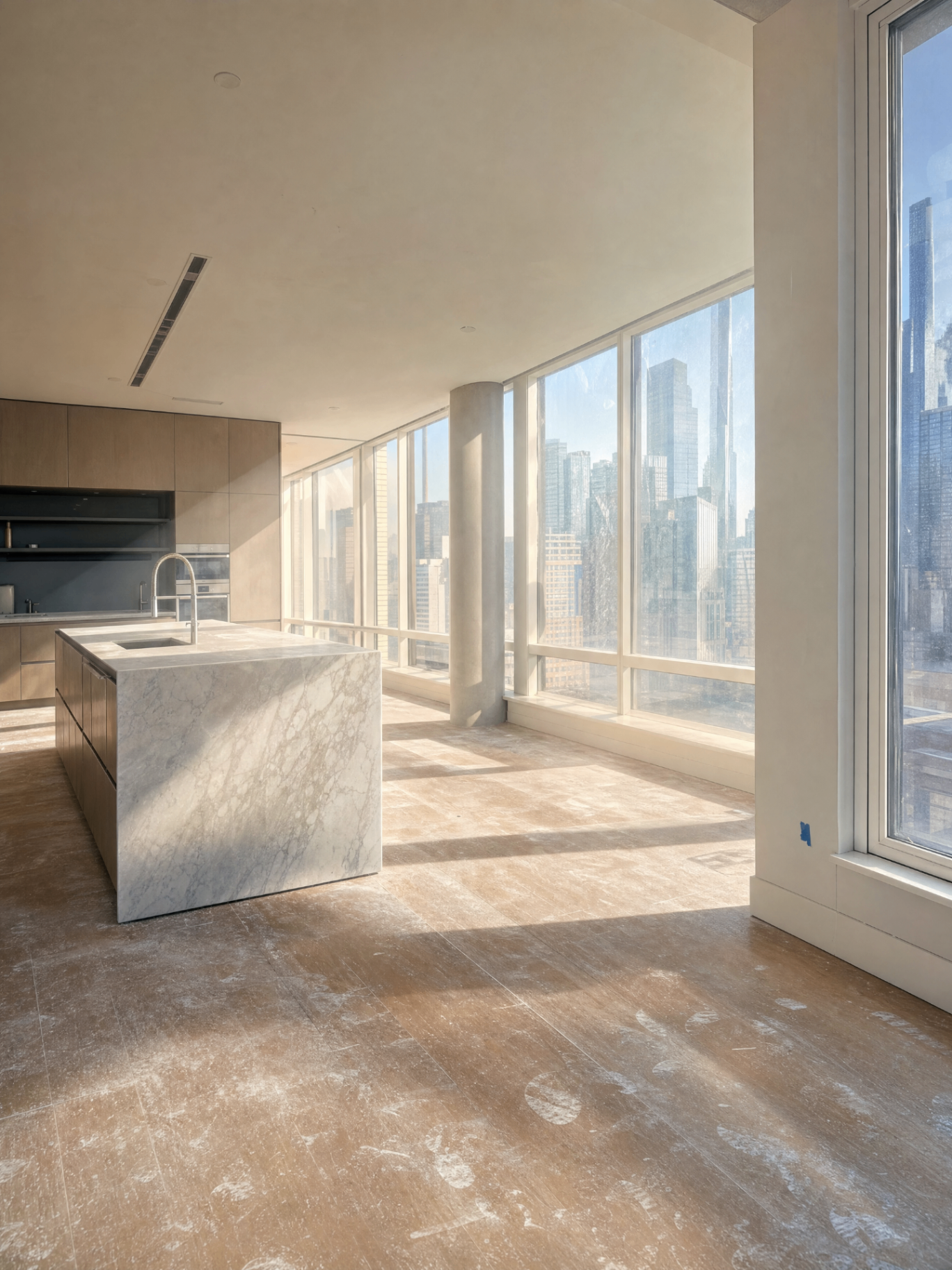 Post-construction cleaning in a modern high-rise apartment with marble kitchen and city views
